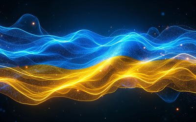 bandera brillante de ucrania, 4k, oscuridad, bandera de ucrania, bokeh, día de ucrania, arte 3d, bandera ucraniana, bandera de neón de ucrania, ondas de neón bandera de ucrania, bandera de ucrania 3d, bandera abstracta de ucrania, ucrania