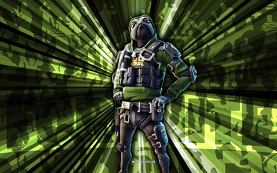 4k, milizia doggo, sfondo di raggi verdi, skin doggo della milizia, milizia doggo fortnite, arte astratta, skin doggo della milizia di fortnite, personaggi di fortnite, fortnite, arte creativa