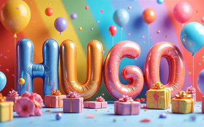 hugo, 4k, renkli balonlar harfler, sanat eseri, hugo'nun adı, yaratıcı, hugo'nun doğum günü, popüler amerikan erkek isimleri, renkli arka plan, doğum günün kutlu olsun hugo, hugo'nun adını taşıyan resim