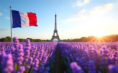 tour eiffel, 4k, lavande, drapeau français, drapeau de la france, voyager en france, concepts de la tour eiffel, arts créatifs, coucher de soleil, soirée, les notions de france, france