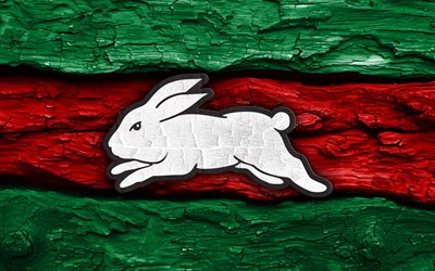 holzlogo der south sydney rabbitohs, 4k, grün roter holzhintergrund, nrl, rugby, logo der south sydney rabbitohs, emblem der south sydney rabbitohs, australisches rugby team, south sydney rabbitohs