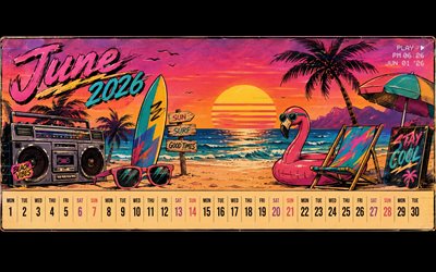 4k, calendrier de juin 2026, art rétro, femmes de plage, juin 2026, calendriers d'été, vhs, été, calendriers de juin, calendriers 2026, juin