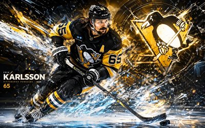 エリック・カールソン, 4k, 黒黄色のデジタル背景, ピッツバーグ ペンギンズ, nhl, ホッケー, エリック・カールソン 4k, ピッツバーグ ペンギンズのロゴ, ファンアート, エリック・カールソン ピッツバーグ ペンギンズ