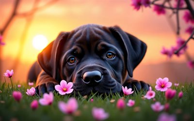 4k, chiot cane corso, coucher de soleil, printemps, fleur de cerisier, chiens, animaux mignons, chiots, animaux de compagnie, canne corso, bokeh, fleurs de printemps, chien cane corso