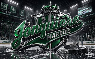 4k, marquis jonquiere metal logosu, sahne ışıkları, buz arenası, lnah, yaratıcı, hokey, marquis jonquiere logosu logosu, hokey stadyumu, marquis jonquiere 3d logosu, kanada hokey takımı, marki jonquiere