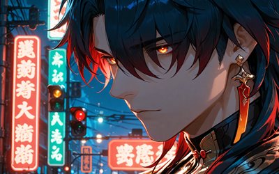 bıçak, 4k, kapatmak, ateşli gözler, honkai yıldız raylı, sokak, gece, anime karakterleri, manga, honkai star rail karakterleri, yıldız avcıları, blade honkai yıldız ray