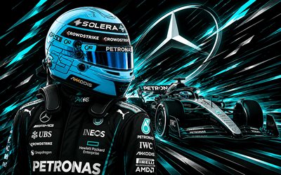 george russell, equipo mercedes amg f1, fórmula 1, arte vectorial, f1, arte creativo, george russell ferrari, fondo vectorial abstracto azul, equipo de fórmula uno mercedes amg petronas, george william russell