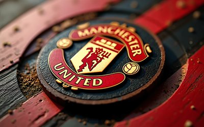 logotipo de madera del manchester united fc, 4k, manchester united fc, fondo de madera negro rojo, primera división, logotipo del manchester united, logotipo del manchester united fc, inglaterra