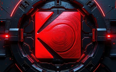 4k, شعار كوداك ثلاثي الأبعاد, مبدع, خلفية داكنة عالية التقنية, وهج أحمر, الموصلات, العلامات التجارية للإلكترونيات, شعار كوداك على الدائرة الدقيقة, العلامات التجارية, شعار كوداك متوهج, عمل فني, شعار كوداك, كوداك