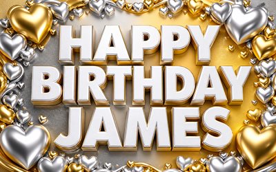 4k, ジェームスお誕生日おめでとう, 金色の背景, ジェームズの名前, ジェームズの誕生日, ゴールデンシルバー3dバルーン, 人気のあるアメリカ人男性の名前, ジェームズさんお誕生日おめでとう, ジェームズの名前が入った写真, ジェームス