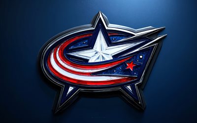 Columbus Blue Jackets crystal logo, 4k, blue metal background, NHL, Columbus Blue Jackets logo, crystal art, Columbus Blue Jackets emblem, USA, Columbus Blue Jackets, hockey
