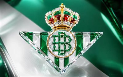 logotipo de cristal del real betis, fondo de metal verde, emblema del real betis, logotipo del real betis, signo de cristal del real betis, la liga, españa, fútbol americano, real betis