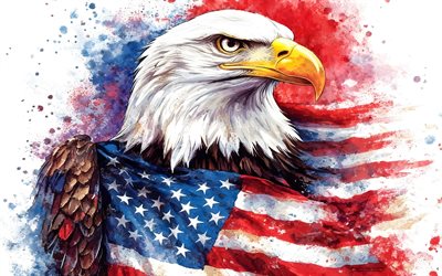 pygargue à tête blanche, drapeau américain, fond blanc, art de la peinture, éclaboussures de peinture, usa, quatrième juillet, 4 juillet, drapeau des états unis
