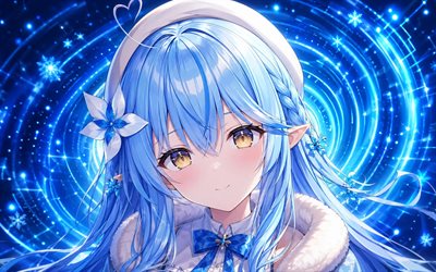 4k, yukihana lamy, anneaux de néon bleu, youtubeur virtuel, fond abstrait bleu, créatif, vtuber, fille aux yeux jaunes, hololive, mangas, chaîne yukihana lamy, youtubeuse virtuelle yukihana lamy