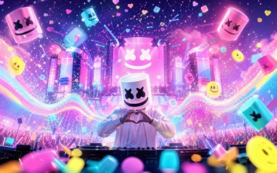 4k, dj marshmello, fondo digital colorido, concierto, escenario, christopher comstock, consola de dj, máscara de marsmellow, estrellas de la musica, cantantes populares, dj americano, superestrellas, marsmello, dj, marshmello 4k