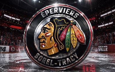 4k, logotipo de metal eperviers sorel tracy, focos, arena de hielo, lnah, creativo, hockey, logotipo de eperviers sorel tracy, estadio de hockey, logotipo 3d de eperviers sorel tracy, equipo canadiense de hockey, eperviers sorel tracy
