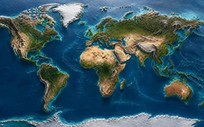 mapa del mundo 3d, 4k, paisaje mundial, continentes, arte digital, mapa del paisaje, conceptos de mapas del mundo, mapas del mundo