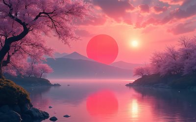 Red sun, Japan, evening, sunset, cherry blossom, spring garden, Japanese flag, sakura, spring, mountain landscape