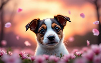 4k, chiot jack russell terrier, coucher de soleil, printemps, fleur de cerisier, chiens, animaux mignons, chiots, animaux de compagnie, jack russel terrier, bokeh, fleurs de printemps, chien jack russell terrier