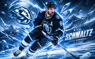 نيك شمالتز, 4k, خلفية رقمية بيضاء زرقاء, يوتا الماموث, nhl, الهوكي, نيك شمالتز 4k, شعار يوتا ماموث, فن المعجبين, نيك شمالتز يوتا ماموث