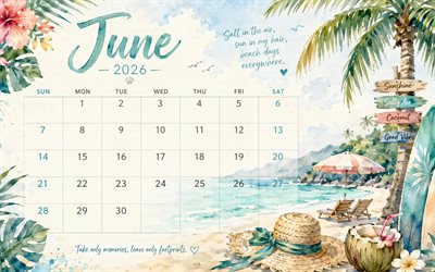 4k, calendrier de juin 2026, aquarelle, femmes de plage, juin 2026, calendriers d'été, été, calendriers de juin, calendriers 2026, juin