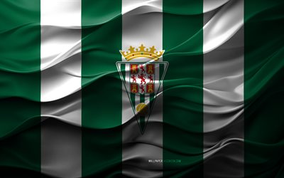 4k, Cordoba CF logo, green white 3D background, Cordoba CF emblem, Segunda Division, Spanish football team, Cordoba CF flag, 3D texture, UD Almeria, football, Spain