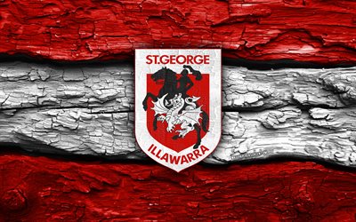 St George Illawarra Dragons wooden logo, 4k, red white wooden background, NRL, rugby, St George Illawarra Dragons logo, St George Illawarra Dragons emblem, australian rugby team, St George Illawarra Dragons