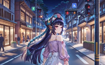 yunjin, 4k, noite, impacto genshin, rua, personagens de anime, olhos vermelhos, personagens do impacto genshin, impacto yun jin genshin