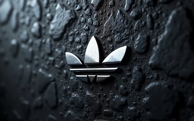 adidaksen kiillotettu metallilogo, 4k, musta seinä tausta, adidaksen musta 3d logo, sumeus, adidas merkki, adidaksen metallisymboli, adidaksen tunnus, adidaksen teräslogo, adidaksen logo, adidas