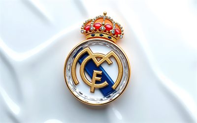 logotipo de acero del real madrid, 4k, fondo blanco de ondas 3d, emblema del real madrid, logotipo del real madrid, fondo blanco, ficha del real madrid, la liga, españa, fútbol americano, real madrid, logotipo del real madrid cf, real madrid cf