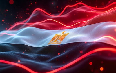 bandeira brilhante do egito, 4k, escuridão, bandeira do egito, bokeh, dia do egito, arte 3d, bandeira egípcia, bandeira de néon do egito, ondas de néon bandeira do egito, bandeira 3d do egito, bandeira abstrata do egito, egito