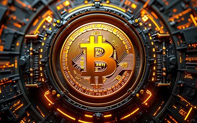 4k, bitcoin 3d logotyp, mörk högteknologisk bakgrund, gyllene neonljus, ledare, mikrokrets, kryptovalutor, varumärken, bitcoin gyllene logotyp, blockchain, bitcoin logotyp, bitcoin