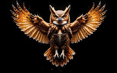 chouette aux ailes déployées, 4k, oiseaux de proie, chouette brune, gemmes brunes, hibou, fond noir, prédateurs, chouettes