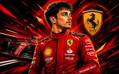 carlos leclerc, escudería ferrari, fórmula 1, arte vectorial, f1, arte creativo, charles leclerc ferrari, fondo vectorial abstracto rojo, ferrari