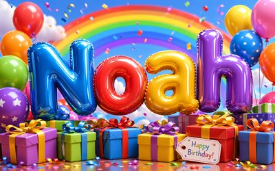 4k, noé feliz cumpleaños, letras de globos de colores, nombre de noé, cajas de regalo coloridas, cumpleaños de noé, globos 3d, nombres masculinos americanos populares, feliz cumpleaños noé, foto con el nombre de noah, noé