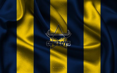 4k, logo des cowboys du nord du queensland, ncaa, texture de soie bleu jaune, drapeau des cowboys du nord du queensland, club de football américain, drapeau en soie, emblème des cowboys du nord du queensland, usa, cowboys du nord du queensland