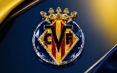 logotipo de cristal del villarreal cf, fondo metálico azul, escudo del villarreal cf, logotipo del villarreal cf, cartel de cristal del villarreal cf, la liga, españa, fútbol americano, villarreal cf, logotipo del villarreal, villarreal