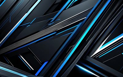 4k, fond bleu noir, conception matérielle, lignes bleues, textures 3d, oeuvre d'art, art du métal, géométrie, arrière plans abstraits, arrière plans géométriques, abstractions, arrière plans abstraits noirs