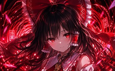 4k, reimu hakurei, anillos de neón rojos, touhou, protagonista, fondo abstracto rojo, hakurei reimu, manga japonés, personajes de anime, proyecto touhou, personajes touhou, reimu hakurei touhou