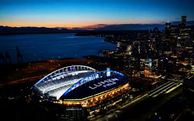 champ de lumière, 4k, vue aérienne, stades de la coupe du monde de la fifa 2026, horizon, paysage nocturne, stade des seahawks de seattle, seattle, washington, champ de lumière la nuit, usa, stade des seahawks, seahawks de seattle