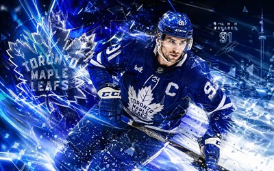 ジョン・タバレス, 4k, 青いデジタル背景, トロント メープル リーフス, nhl, ホッケー, ジョン・タバレス 4k, トロント メープル リーフスのロゴ, ファンアート, ジョン・タバレス トロント・メープル・リーフス