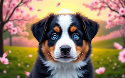 4k, chiot berger australien, coucher de soleil, printemps, fleur de cerisier, chiens, animaux mignons, chiots, animaux de compagnie, berger australien, bokeh, australien, fleurs de printemps, chien de berger australien