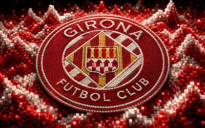 logotipo de tela del girona fc, 4k, fondo rojo blanco 3d, laliga, fútbol, logotipo del girona fc, fútbol americano, emblema del girona fc, girona fc, la liga, club de fútbol español, fc gerona