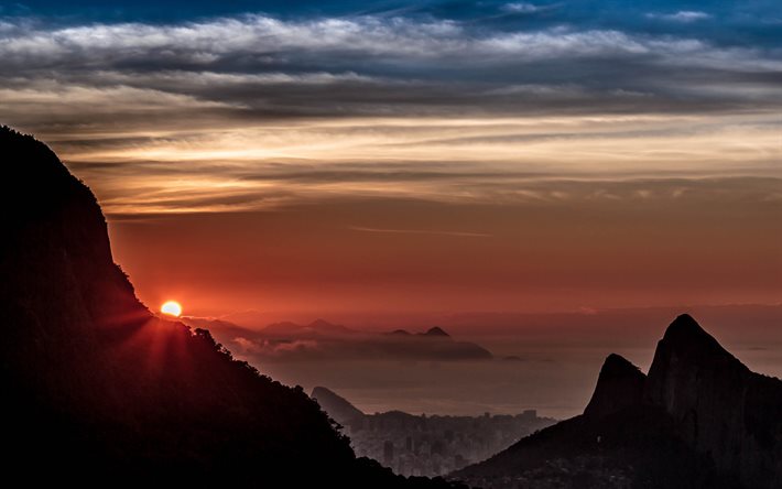rio de janeiro, pôr do sol, sol brilhante, montanhas, brasil