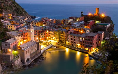 Vernazza, Liguria, la noche, la costa, el mar, la costa de Italia, el Mar Mediterráneo