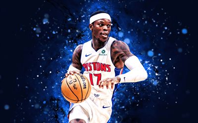 4k, Dennis Schroder, blue abstract background, Detroit Pistons, NBA, German basketball players, Dennis Schroder 4K, blue neon lights, basketball, National Basketball Association, Dennis Schroder Detroit Pistons