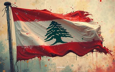 4k, libanon  flagge auf dem fahnenmast, libanon lack spritzer flagge, grunge  kunst, libanon  flagge, libanon, flagge des libanon