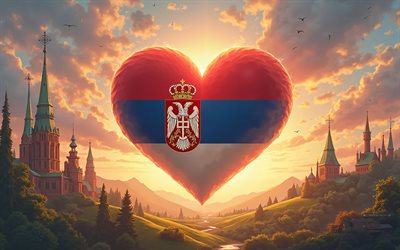 4k, jag älskar serbien, 3d  landskapsbakgrund, kreativ, serbiens dag, serbiens flagga, 3d  konst, hjärta med serbisk flagga, 3d  hjärtan, serbisk flagga, serbien, kärlek till serbien