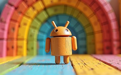 4k, android  puinen logo, bokeh, värikäs puinen tausta, os  tuotemerkit, 3d  taide, android 3d  logo, atrwork, android  logo, tuotemerkit, androidi