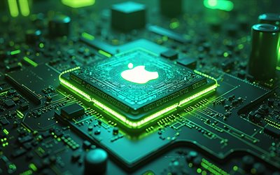 apple 3d  logo, 4k, omena kuin siru, emolevy, vihreät neonvalot, apple  logo, vihreä hi tech tausta, omenan tunnus, omena